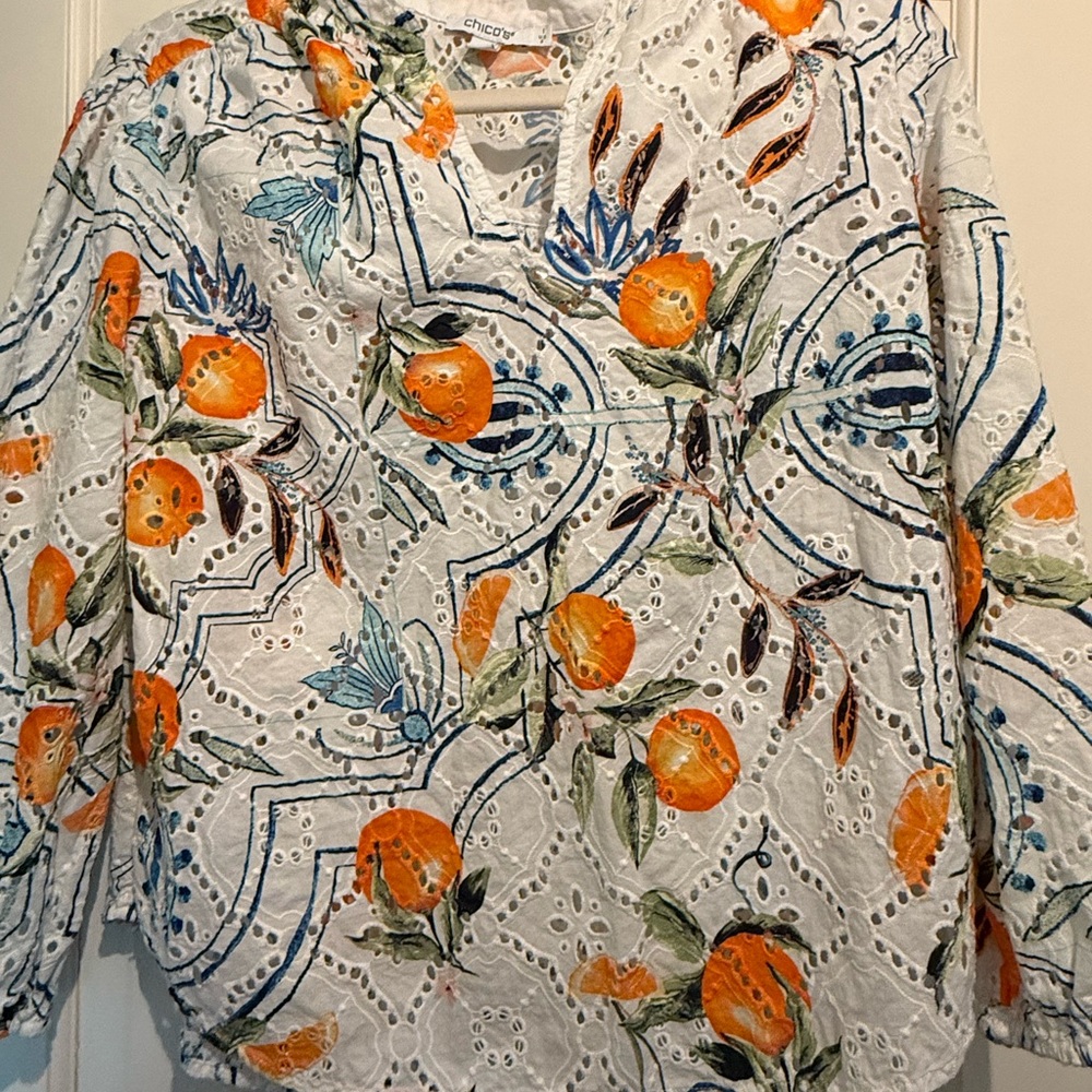 Chico's White Blouse with Orange and Blue Floral Design